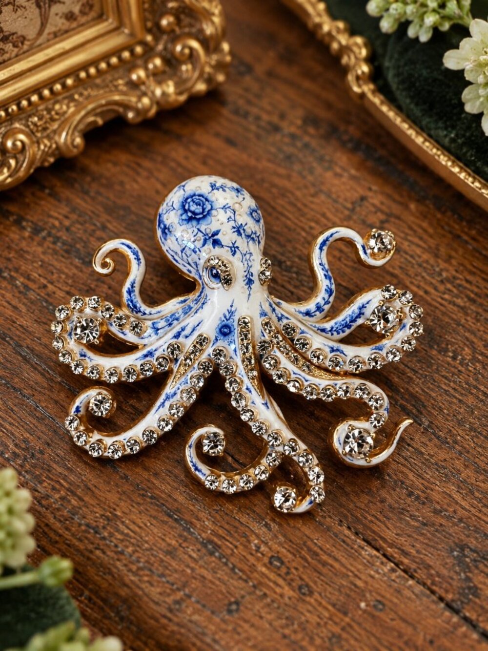 Blue & White Floral Octopus Brooch with Rhinestones & Gold Accents